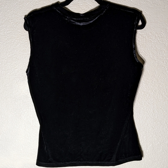 Stretchy Kathy Ireland Vintage Black Velvet Tank with Faux Wrap Neckline Detail - Picture 3 of 7